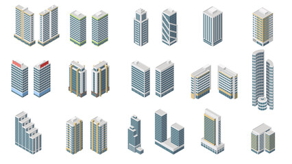 Set of isometric style modern building.