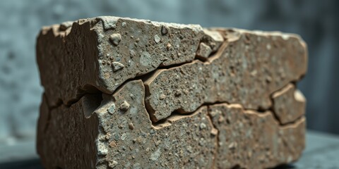 Close-up of a weathered, broken, and cracked stone block with a textured surface and visible imperfections