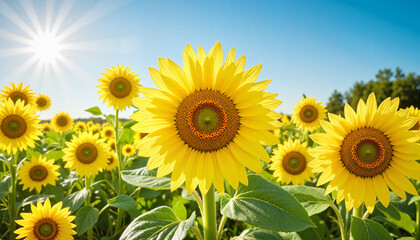 Fototapeta premium Vibrant field of blooming sunflowers under clear skies and warm sunlight with a soft blurred background