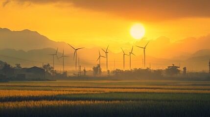 Obraz premium Golden Sunset Over Rice Paddies And Wind Turbines