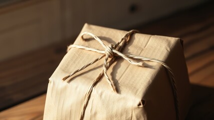 A simple brown paper package tied with twine, illuminated by warm sunlight,  evokes a sense of anticipation and joy.