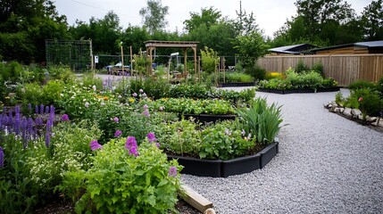 Beautiful Community Garden with Diverse Flower Beds and Gravel Pathways : Generative AI