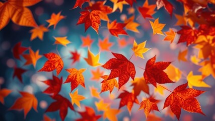 Autumn Leaves Falling Against a Blue Sky, Creating a Breathtaking Display of Color and Tranquility