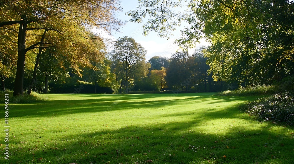 Poster tranquil park landscape with lush greenery and tall trees : generative ai