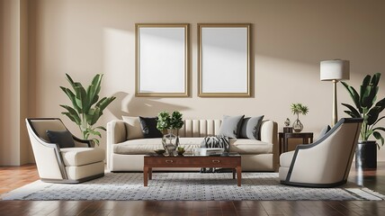 Elegant living room interior design, sunlight, beige walls,  modern furniture, relaxation