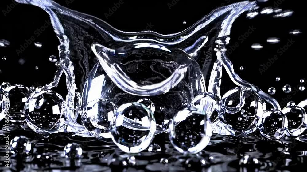 Poster exploring the beauty of water droplets in motion and their captivating interactions in a dark enviro