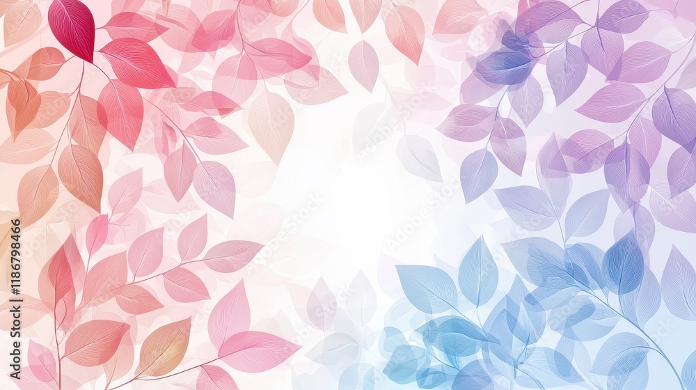 Poster whimsical decorative border with leafy branches in soft pastel colors for elegant background design