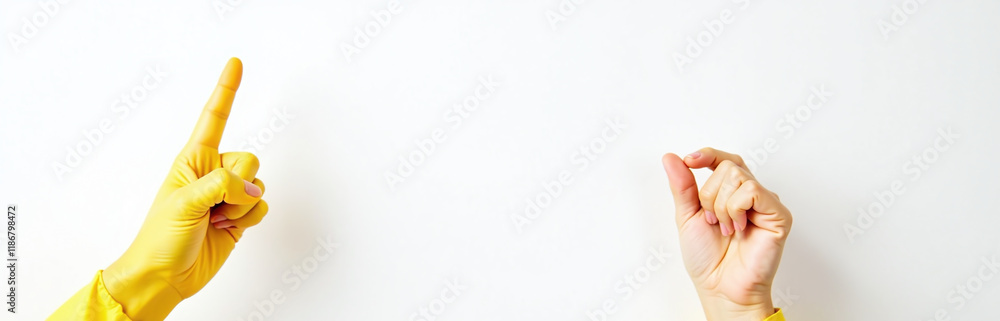 Poster a yellow hand with an exclamation point holds a copy space background in high contrast black and whi