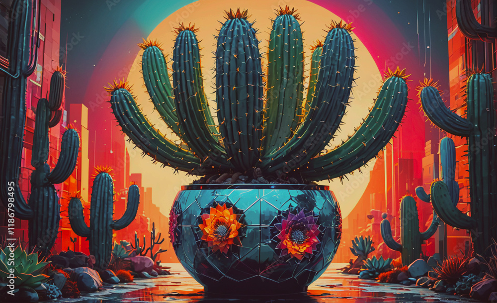 Poster cactus is in a blue vase with flowers. there are other cacti in the background