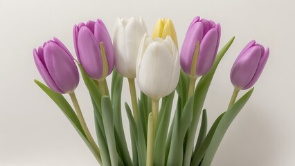 Fototapeta premium Close Up Spring Flowers Tulips Daffodils Hyacinths Textured Off White Background Natural Lighting Subtle Shadows High Resolution Microstock Ready
