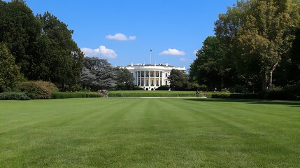 Obraz premium Iconic historical government building surrounded by lush green garden under a clear blue sky : Generative AI