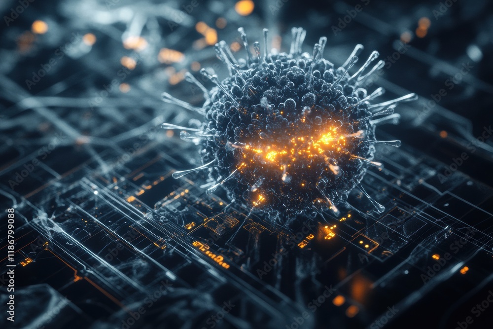 Poster Detailed 3D visualization reveals intricate structure of a virus with glowing features highlighting capsid and RNA strands. Generative AI