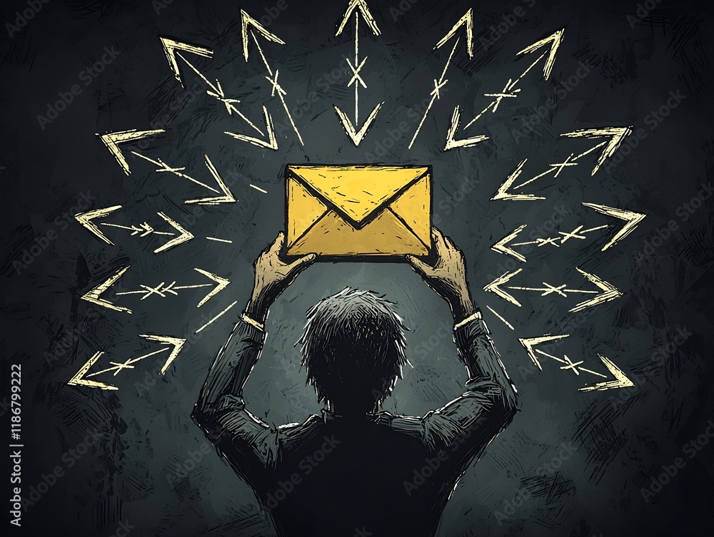 Poster hand drawn depicting a person grasping a mail envelope surrounded by intersecting arrows representin