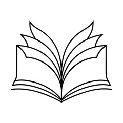A minimalist design of an open book with flying pages, all created with a single continuous line, symbolizing the flow of knowledge and creativity.