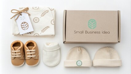 Flatlay Composition Baby Clothes and Box, Neutral Colors, Minimalist Branding, Small Business Startup Baby Gift Box, Branding