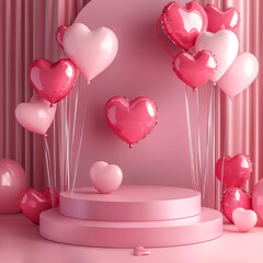 Luxury 3d scene with pink, golden metallic heart  balloons.Anniversary, Birthday,  Valentine's Day background for  celebrations, festive events. Generative ai