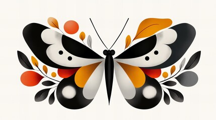 Obraz premium A stylized illustration of a butterfly with black, white, orange, and red accents, surrounded by leaves. Nature's beauty, reimagined.