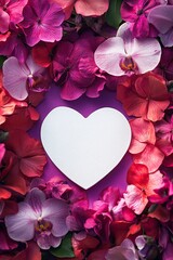 A white heart shaped card on flowers background. Valentine's day Photo