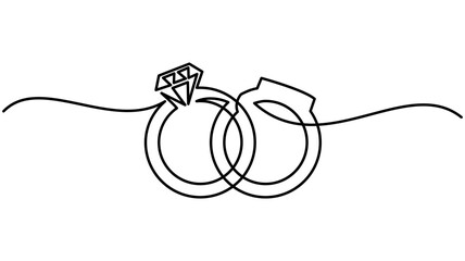 Obraz premium Wedding ring line art drawing symbol. One line art of wedding ring pair with love for ever on white back ground, Continuous hand drawn romantic. Engagement ring symbol of couple in love.