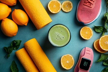 Obraz premium Fresh citrus fruits including oranges and lemons on a vibrant yellow surface