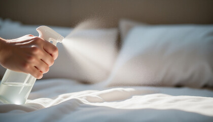 Close-up of a hand spraying dust mite cleaner on soft white bed sheets with mist particles floating