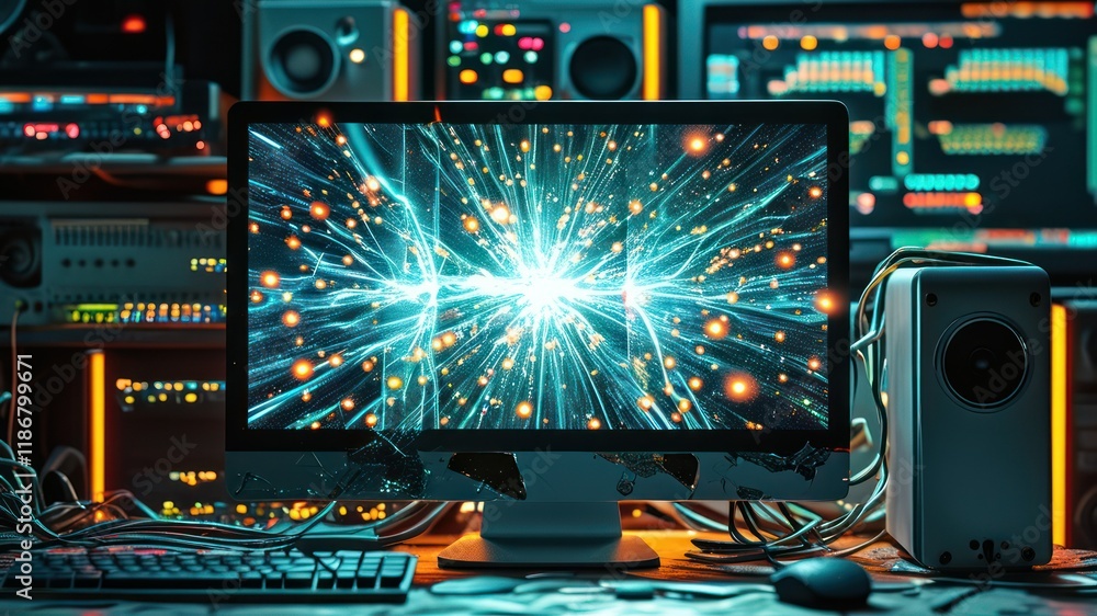 Poster vibrant computer monitor displaying dynamic light effects and data visualization in high tech worksp