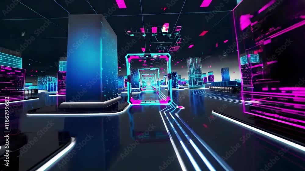 Aufkleber Vibrant digital explosion showcasing neon lights and circuitry in a futuristic setting