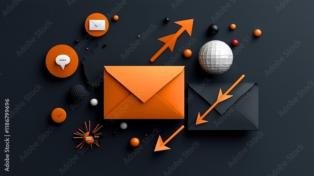 Poster freehand designed envelope and arrow elements on dark background conveying the concept of global com