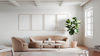 Modern beige living room, four empty frames, fiddle leaf fig, sunlight