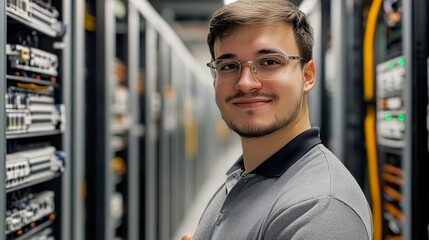 Smiling IT Specialist in Server Room: A friendly young IT specialist with glasses smiles confidently while standing amidst rows of server racks in a modern data center.