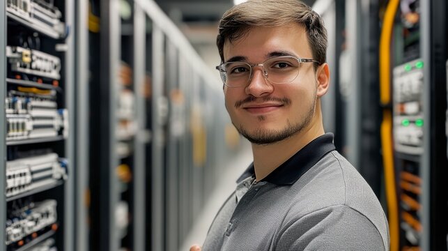 Smiling IT Specialist in Server Room: A friendly young IT specialist with glasses smiles confidently while standing amidst rows of server racks in a modern data center.