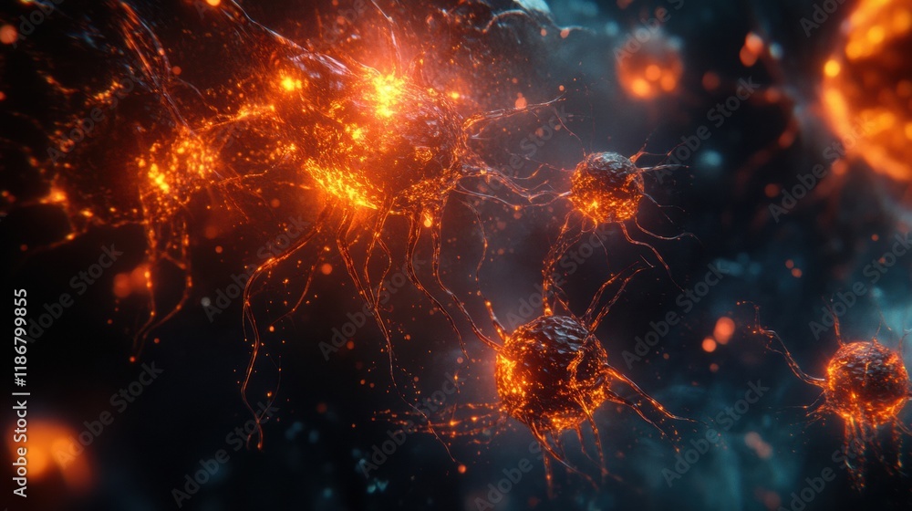 Aufkleber Cancer cells with glowing edges exhibit unusual activity under microscopic observation in laboratory setting. Generative AI