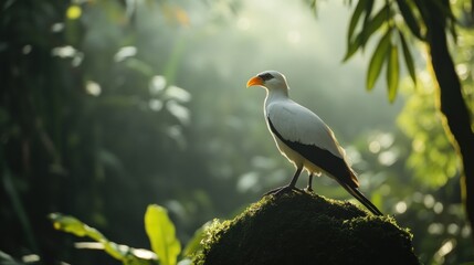 Fototapeta premium White Bird Perched on a Mossy Rock