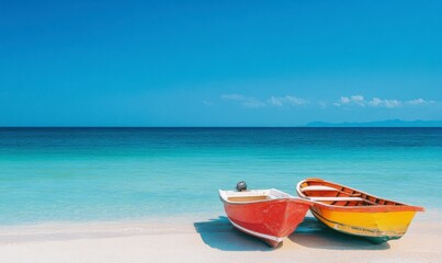 Naklejka premium Two Boats on a Pristine Beach: Two brightly colored wooden boats sit peacefully on a pristine white sand beach under a clear azure sky.