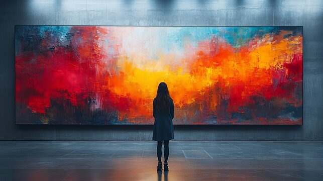 Woman Contemplates Large Abstract Colorful Painting