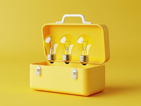 A bright yellow toolbox containing three light bulbs, symbolizing creativity and innovation against a cheerful background.