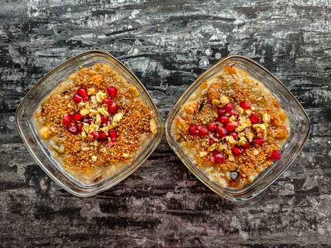 Ashure dessert with legumes and dried fruits named aşure or asure . Noah&rsquo;s pudding in the bowl.