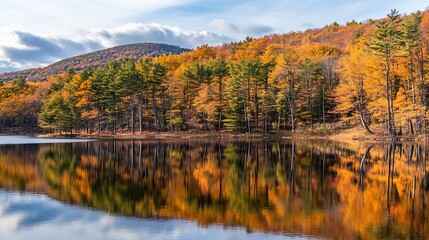 Naklejka premium Scenic Autumn Forest Reflection Across Serene Lake Waters : Generative AI