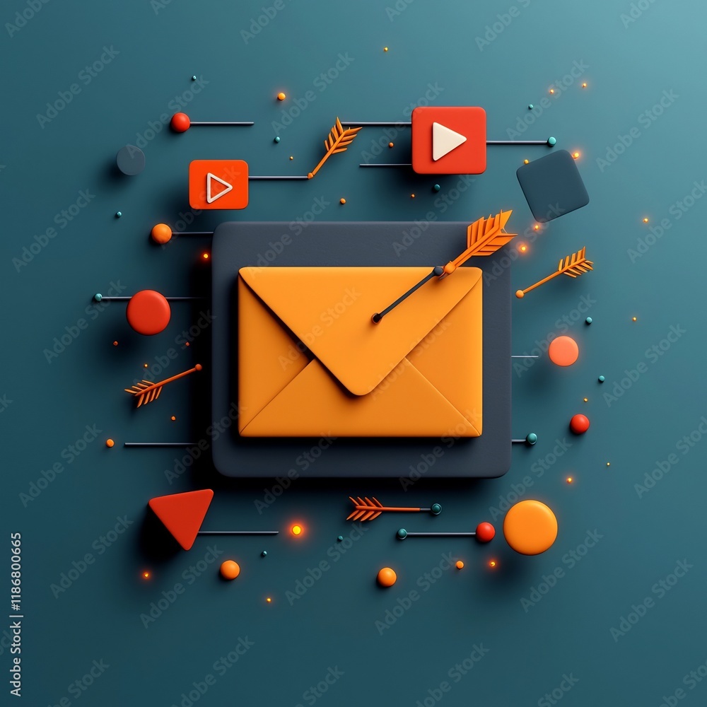 Poster surreal digital realm with freehand arrows envelope and luminous abstract geometric shapes pulsing c