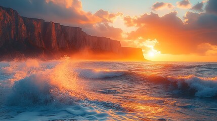 Dramatic Sunset Over Ocean Cliffs And Crashing Waves