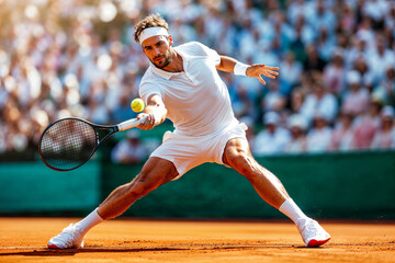 Tennis player returning a shot on clay court