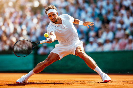 Tennis player returning a shot on clay court