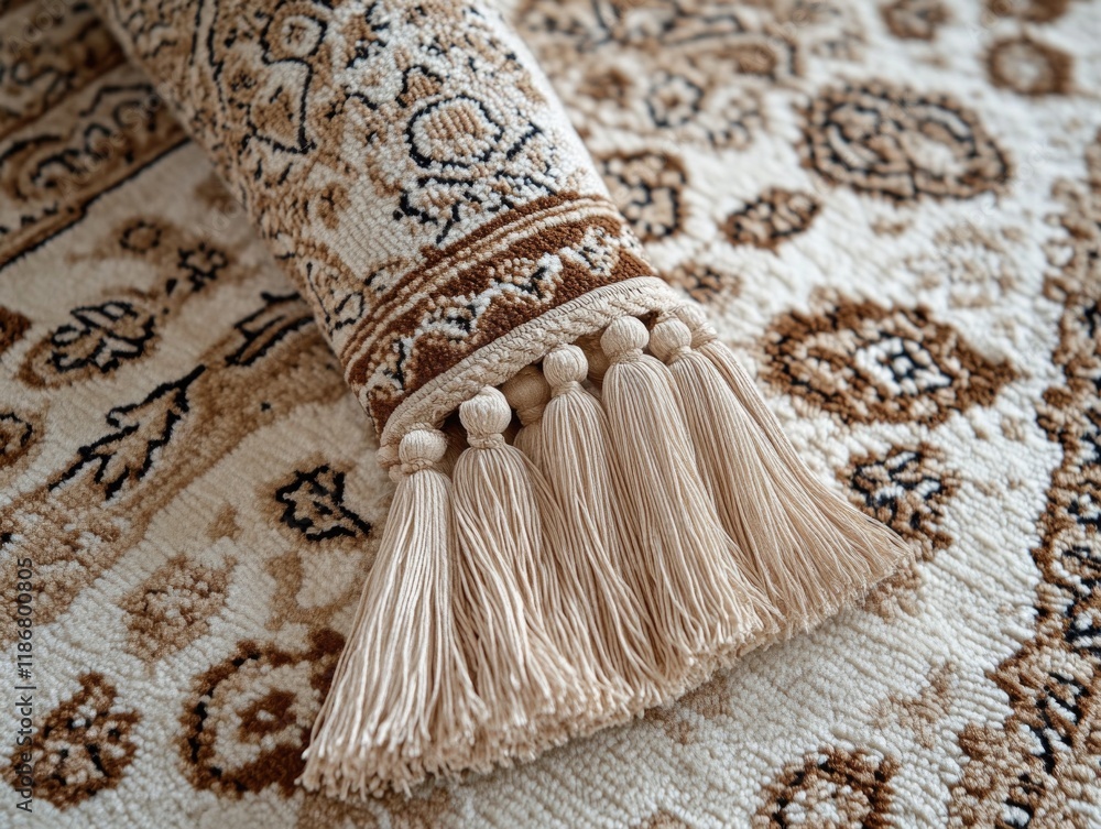 Poster beautiful rug with a brown fringe is placed on a white background. the rug is made of a soft materia