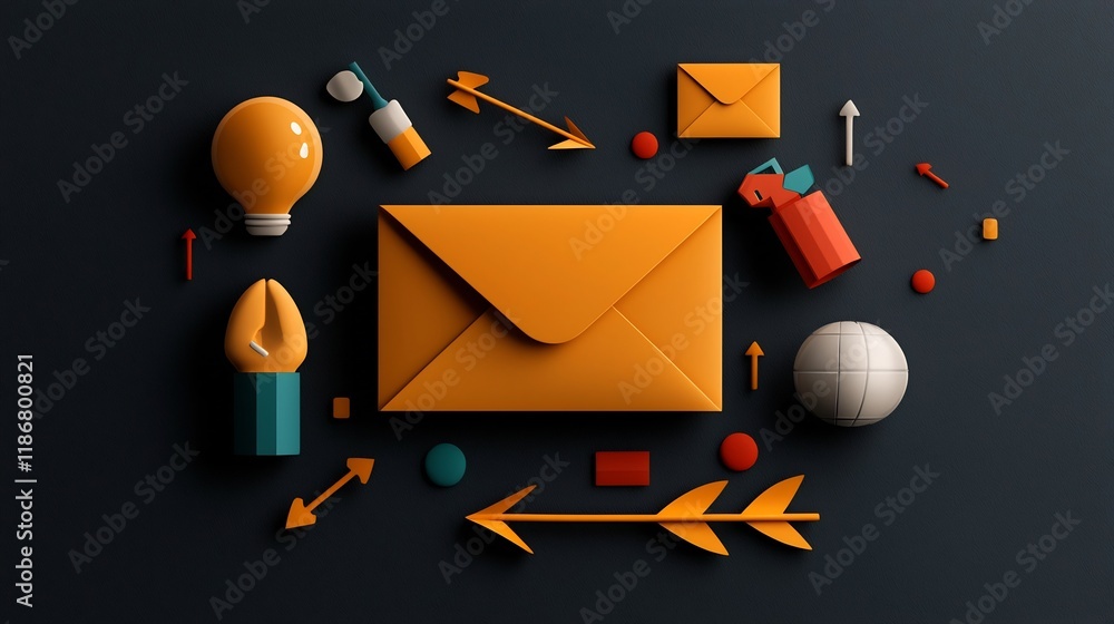 Poster envelope and arrows design elements on dark background conveying global communication and social net