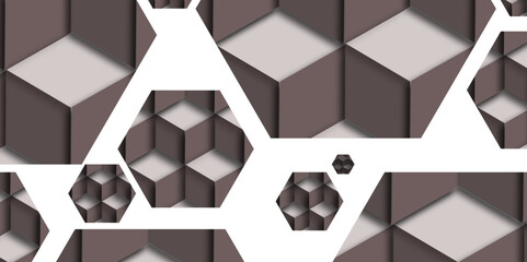 Stylish arrangement of brown hexagons, creating a three-dimensional effect against a light background. 3d render of brown hexagon pattern background, white color. Seamless honeycomb multicolored. 