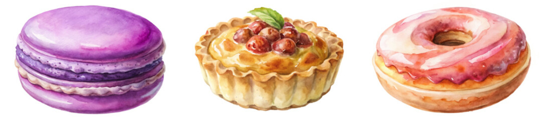 Colorful dessert illustrations, watercolor style, macarons, tart, donut, sweet treats, food art, bakery design.