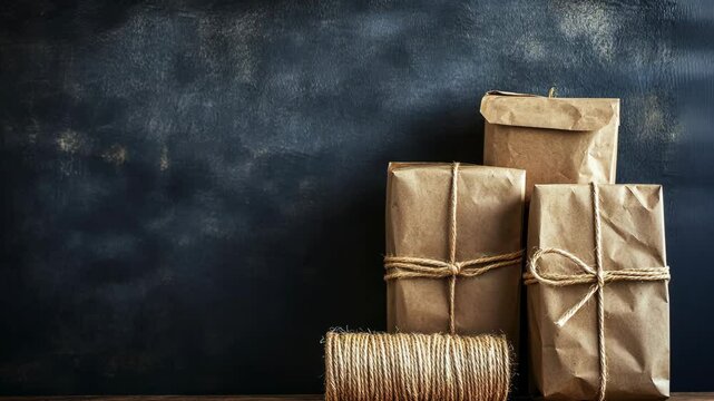 Wrapped parcels with twine on wooden table against dark background creating a cozy atmosphere for gift giving