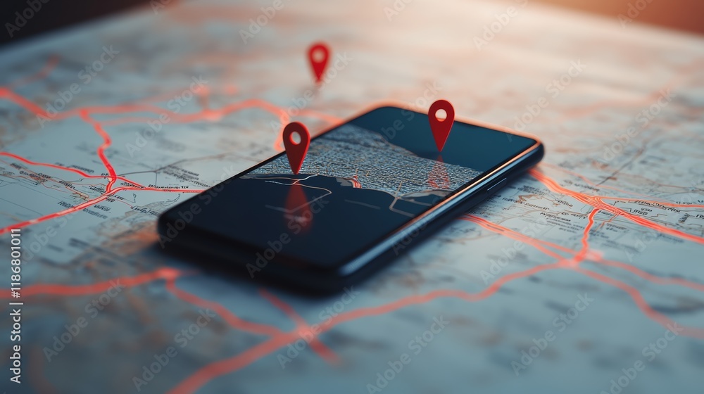 Poster Smartphone displaying online map with location pins and navigation route is placed on traditional paper map, highlighting modern navigation technology and route planning