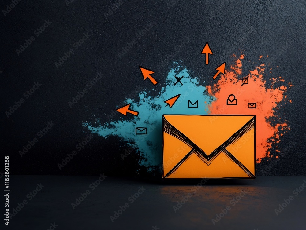 Poster vibrant and dynamic digital workspace with hand drawn user icons arrows and mail symbols showcasing 