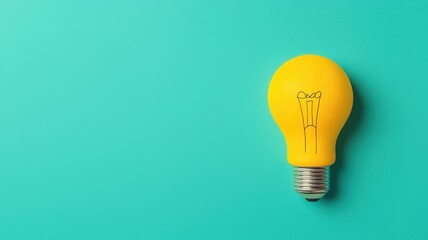 A bright yellow light bulb against a teal background, featuring a playful illustration. It symbolizes creativity and innovative ideas.
